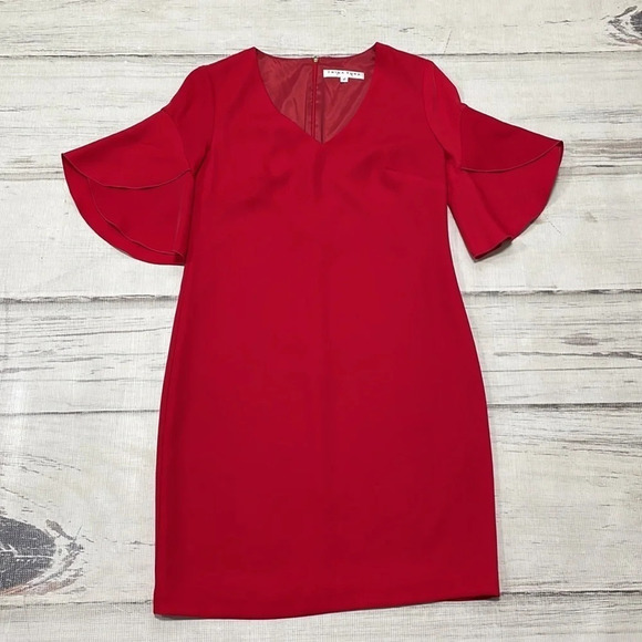 Trina Turk Dress Red Knee Length Sheath V-Neck Bell Sleeves Size 2 - Picture 11 of 16